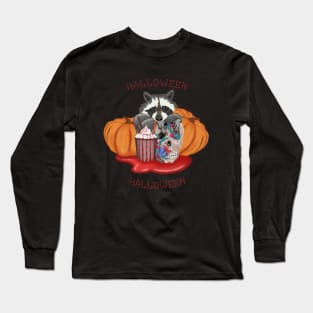 Halloween Raccoon with skull and pumpkins in the blood puddle Long Sleeve T-Shirt